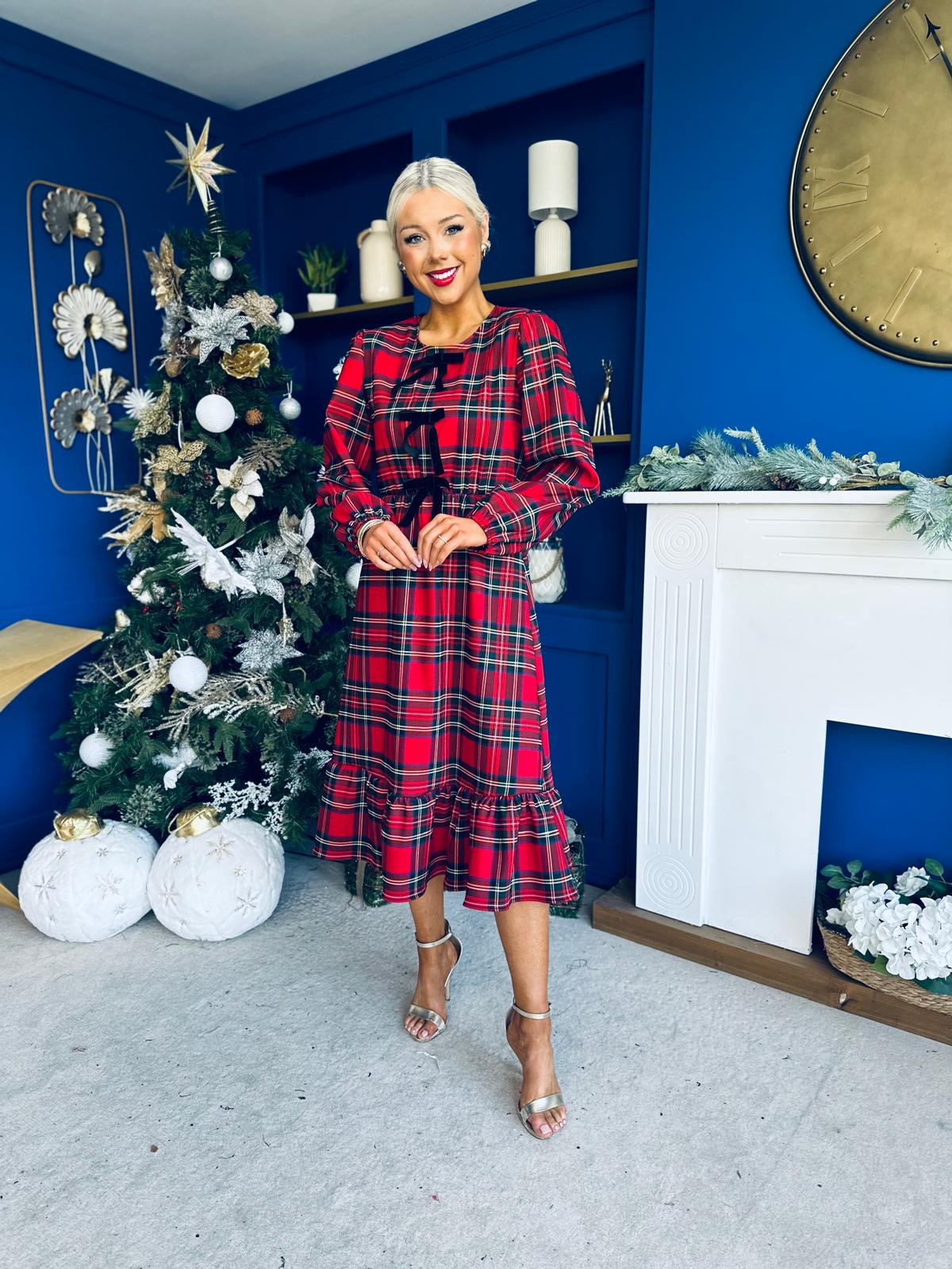 Noelle Detailed Tartin Midi Dress Red