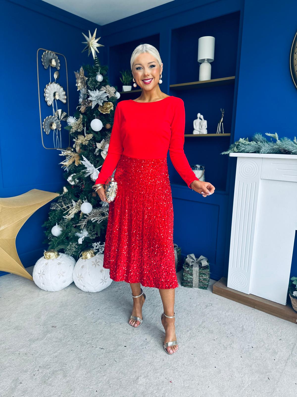 Estelle Sequin Skirt Occasion Dress Red