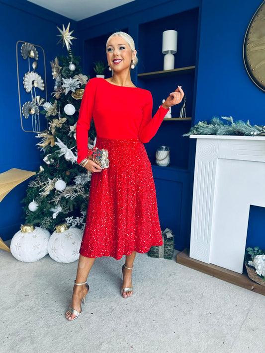 Estelle Sequin Skirt Occasion Dress Red