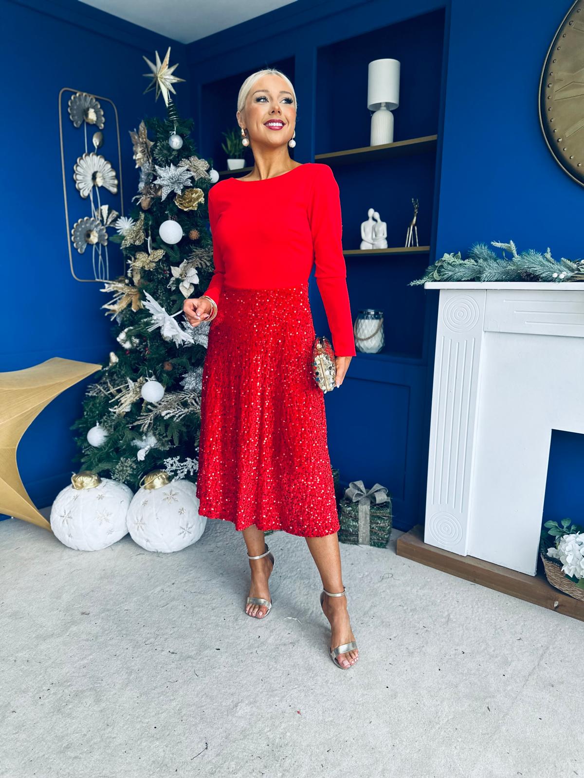 Estelle Sequin Skirt Occasion Dress Red