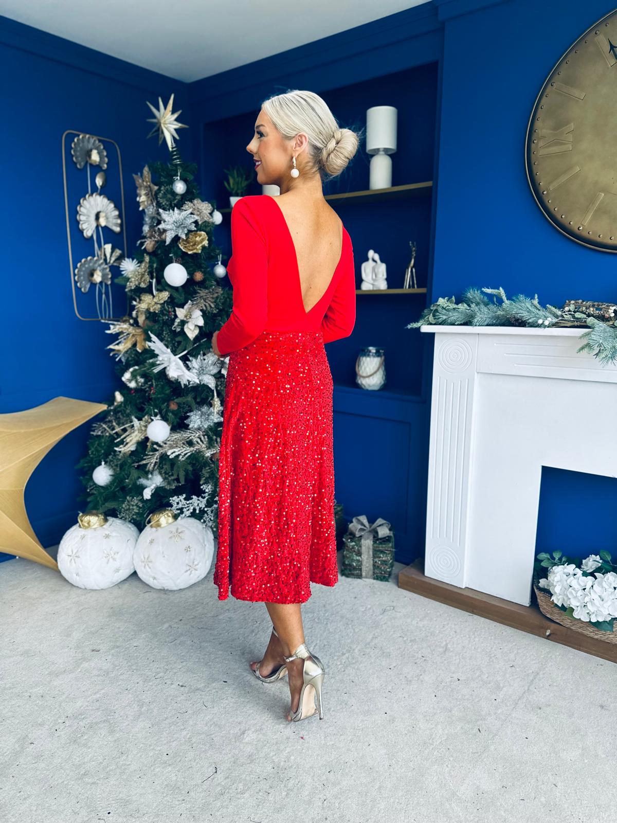 Estelle Sequin Skirt Occasion Dress Red