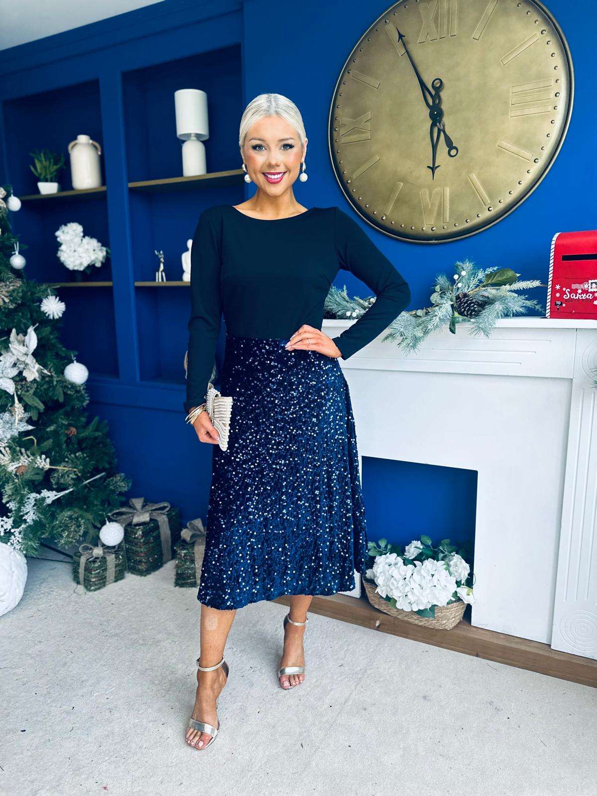 Estelle Sequin Skirt Occasion Dress Navy