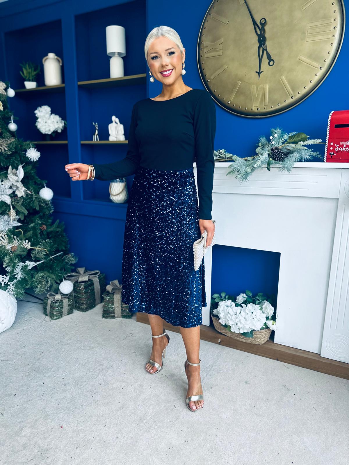 Estelle Sequin Skirt Occasion Dress Navy