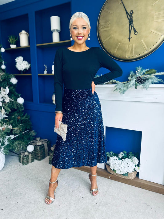 Estelle Sequin Skirt Occasion Dress Navy