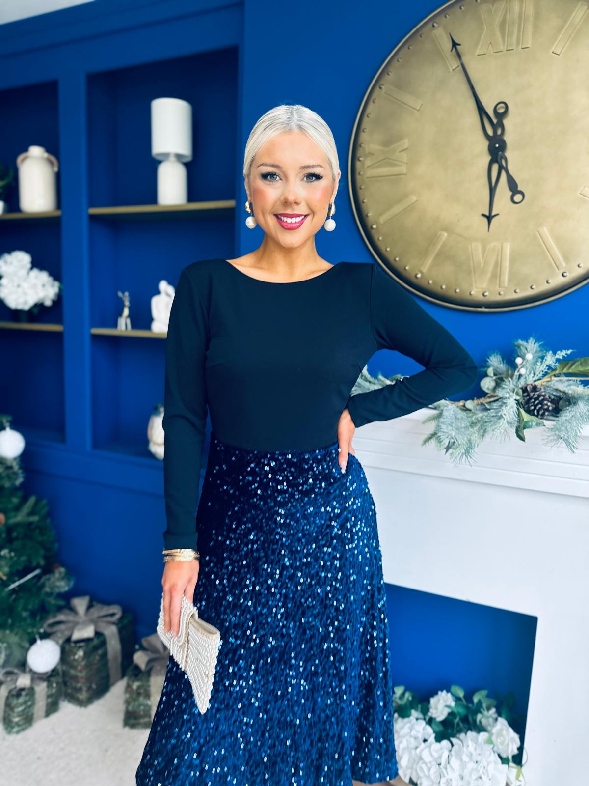 Estelle Sequin Skirt Occasion Dress Navy