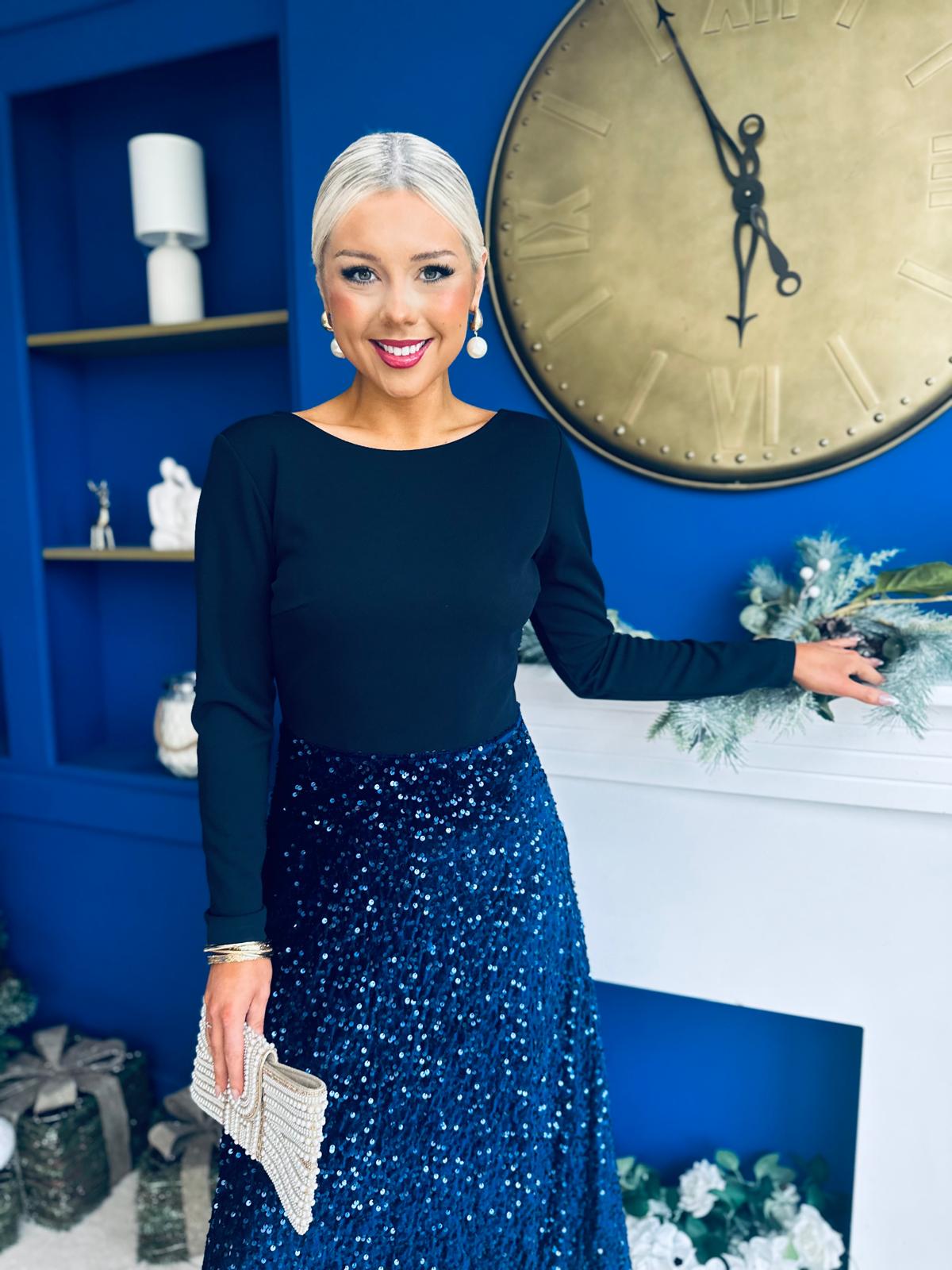 Estelle Sequin Skirt Occasion Dress Navy