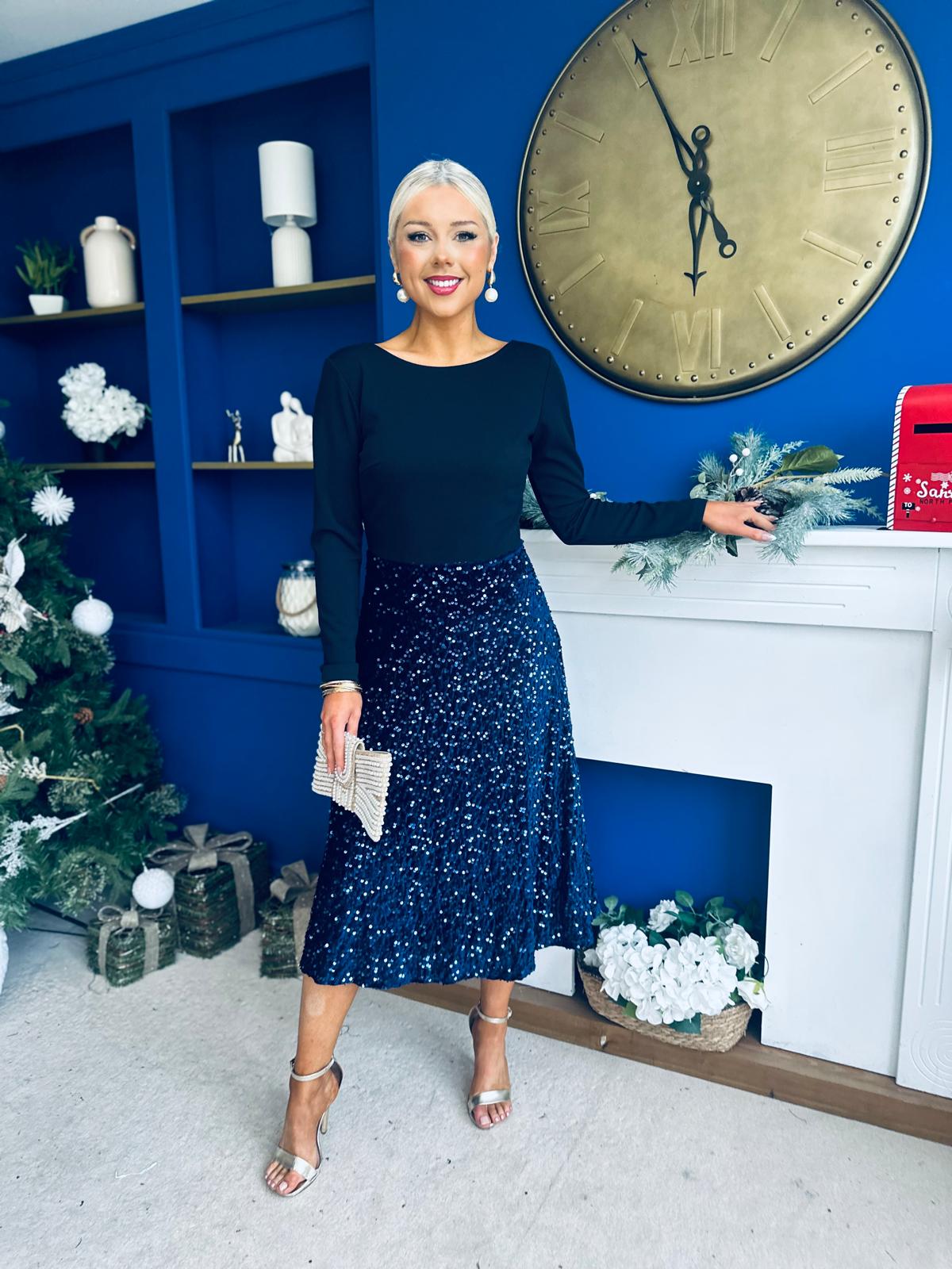 Estelle Sequin Skirt Occasion Dress Navy