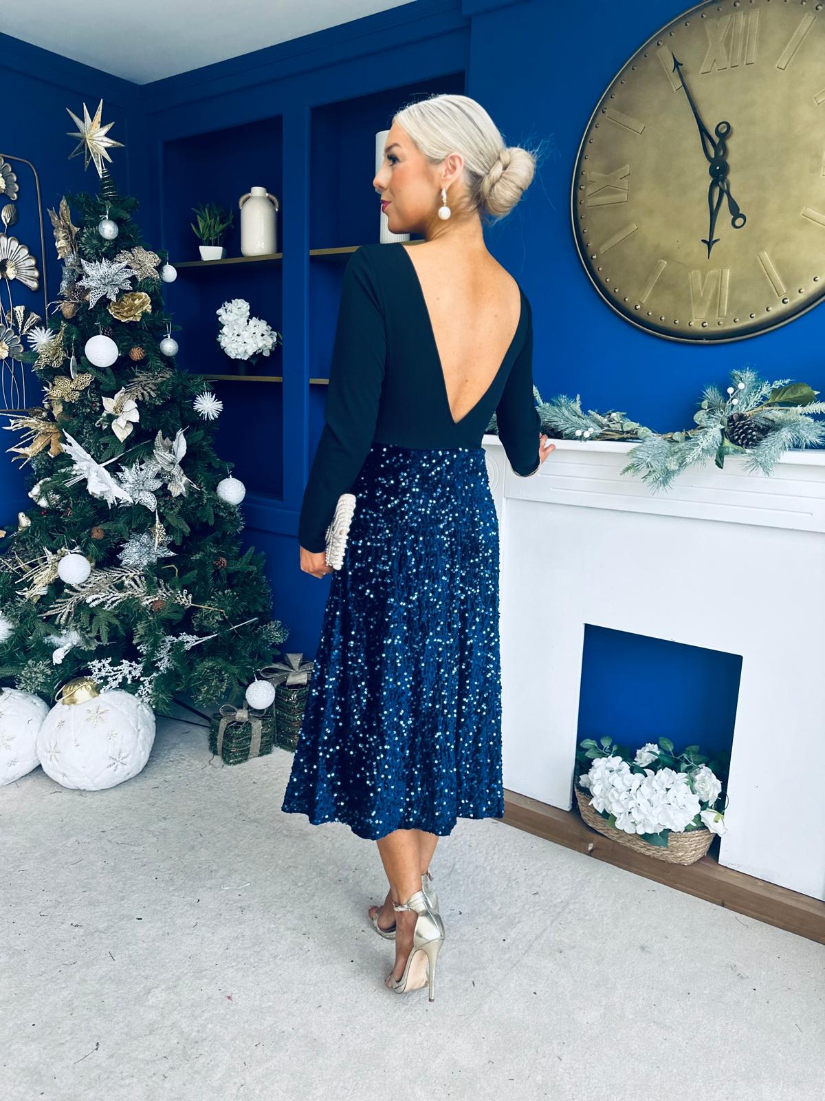 Estelle Sequin Skirt Occasion Dress Navy