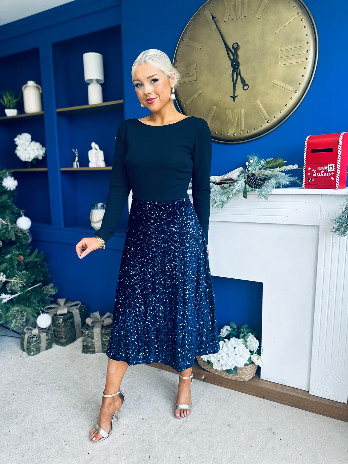 Estelle Sequin Skirt Occasion Dress Navy