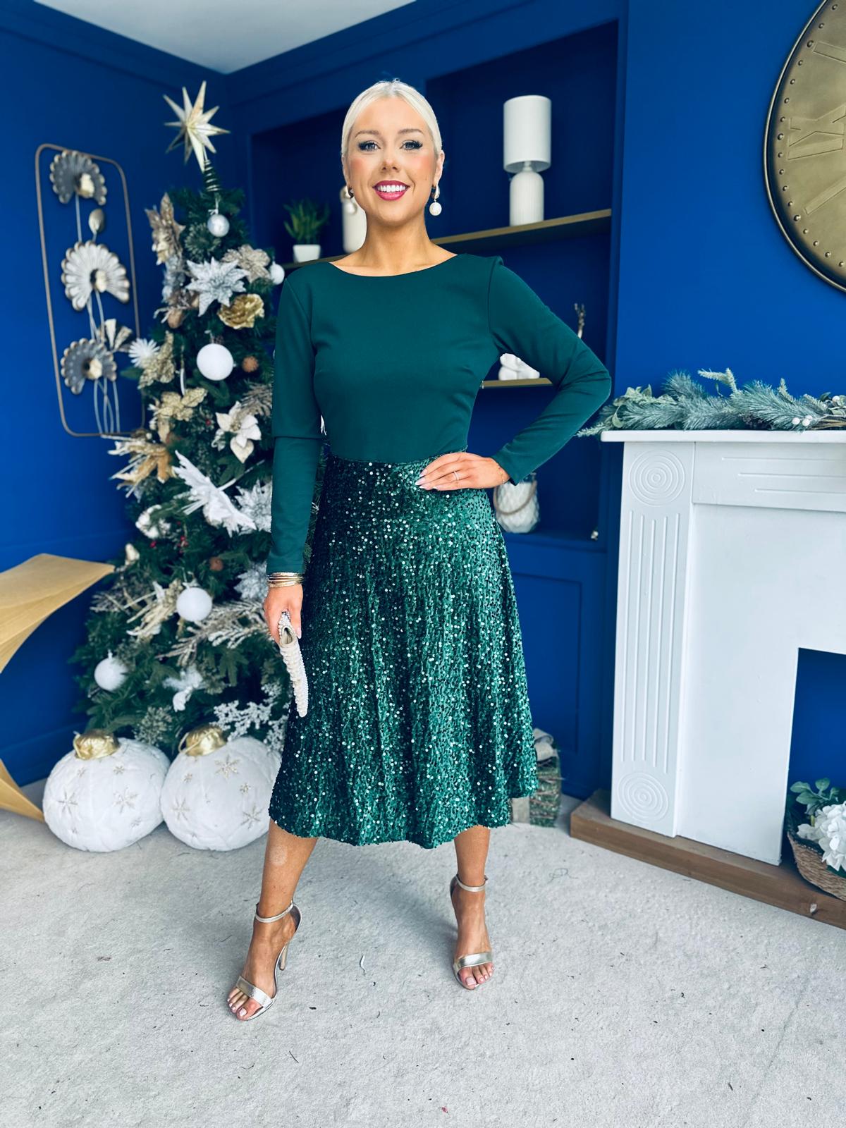 Estelle Sequin Skirt Occasion Dress Forest