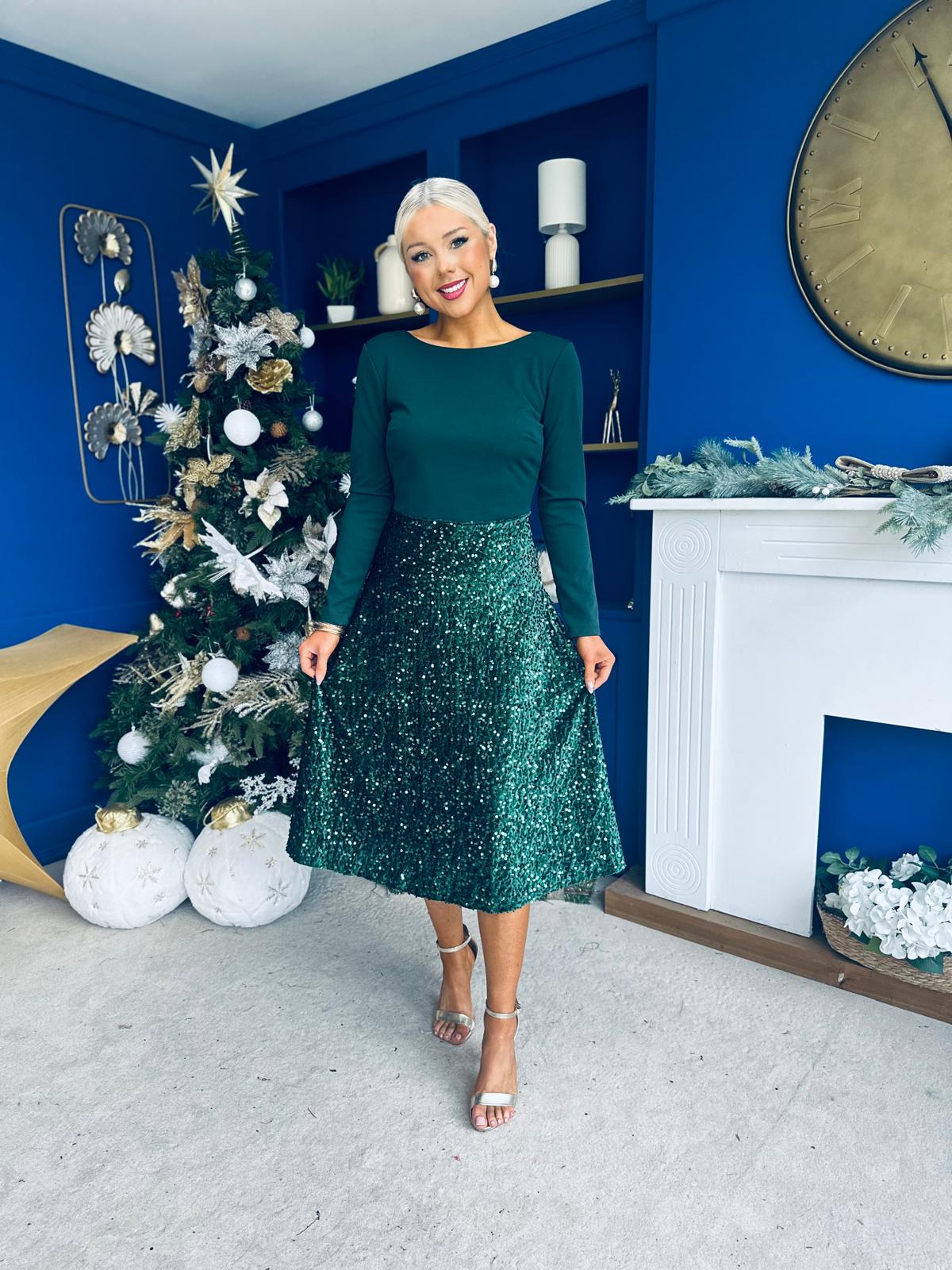 Estelle Sequin Skirt Occasion Dress Forest