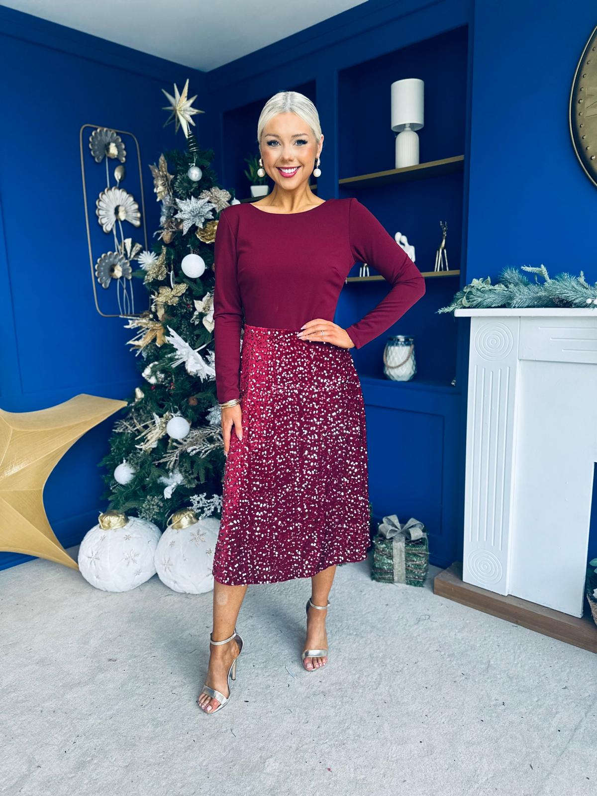 Estelle Sequin Skirt Occasion Dress Wine