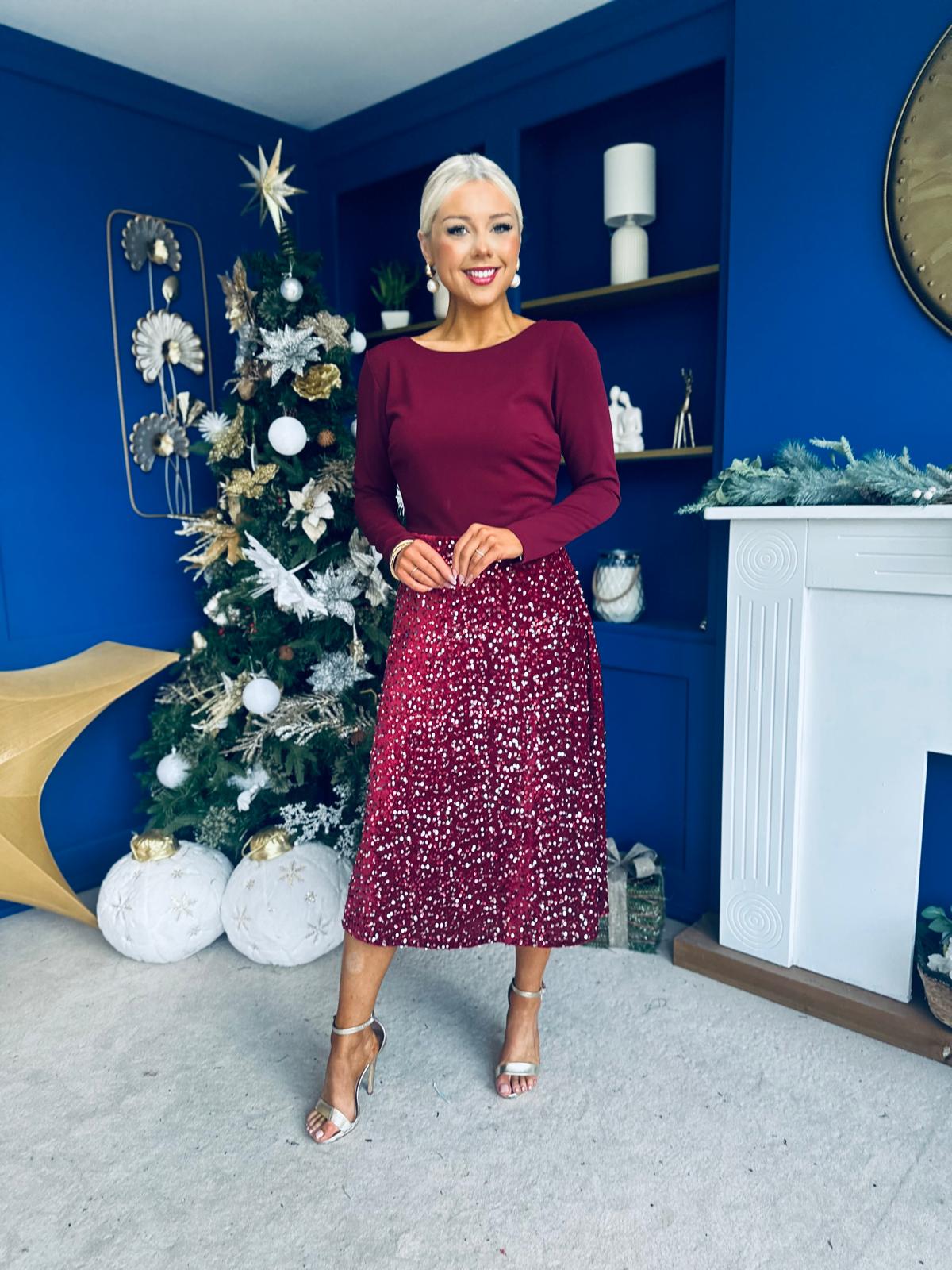 Estelle Sequin Skirt Occasion Dress Wine