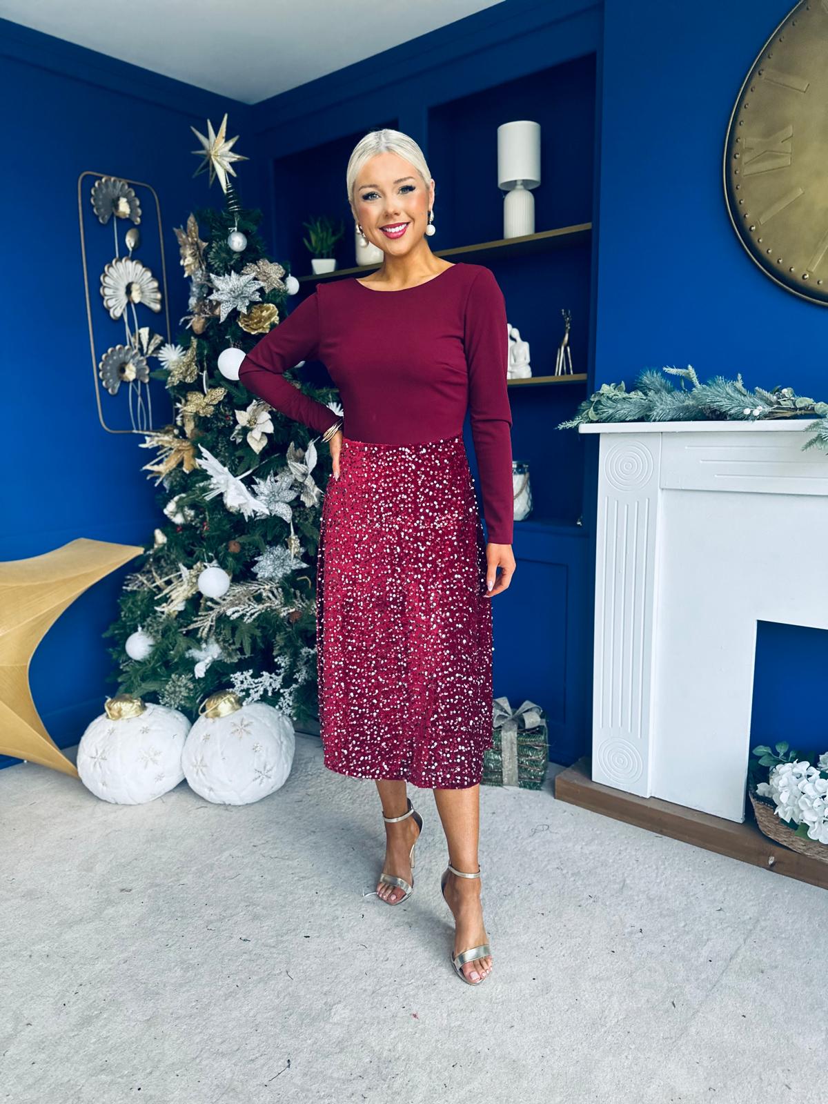 Estelle Sequin Skirt Occasion Dress Wine