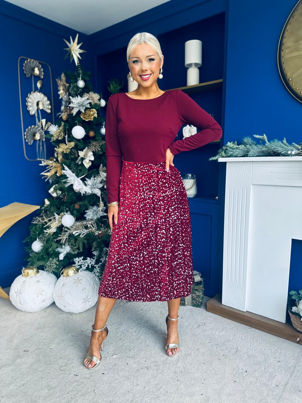 Estelle Sequin Skirt Occasion Dress Wine