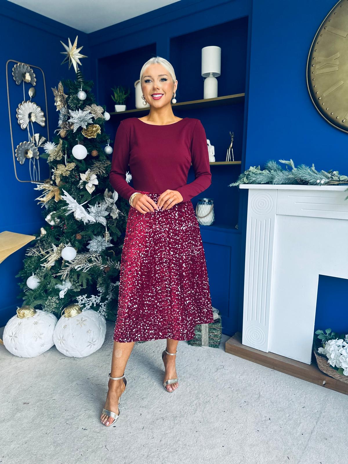 Estelle Sequin Skirt Occasion Dress Wine