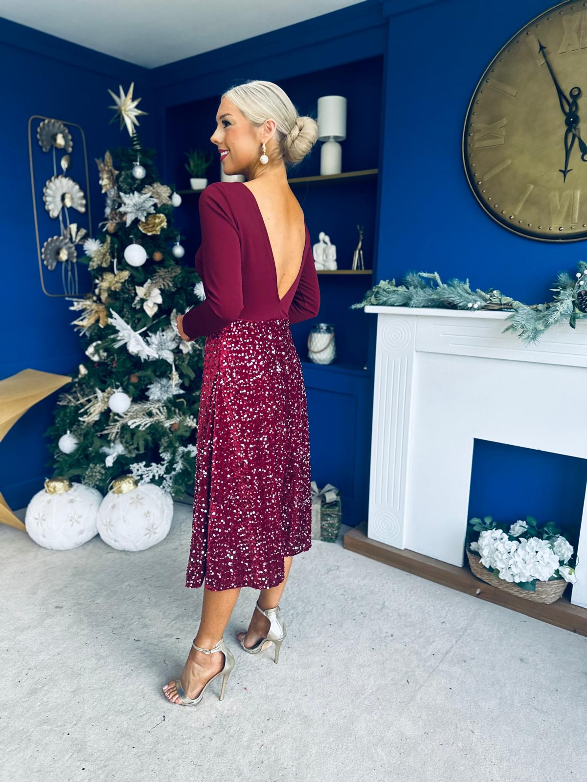 Estelle Sequin Skirt Occasion Dress Wine