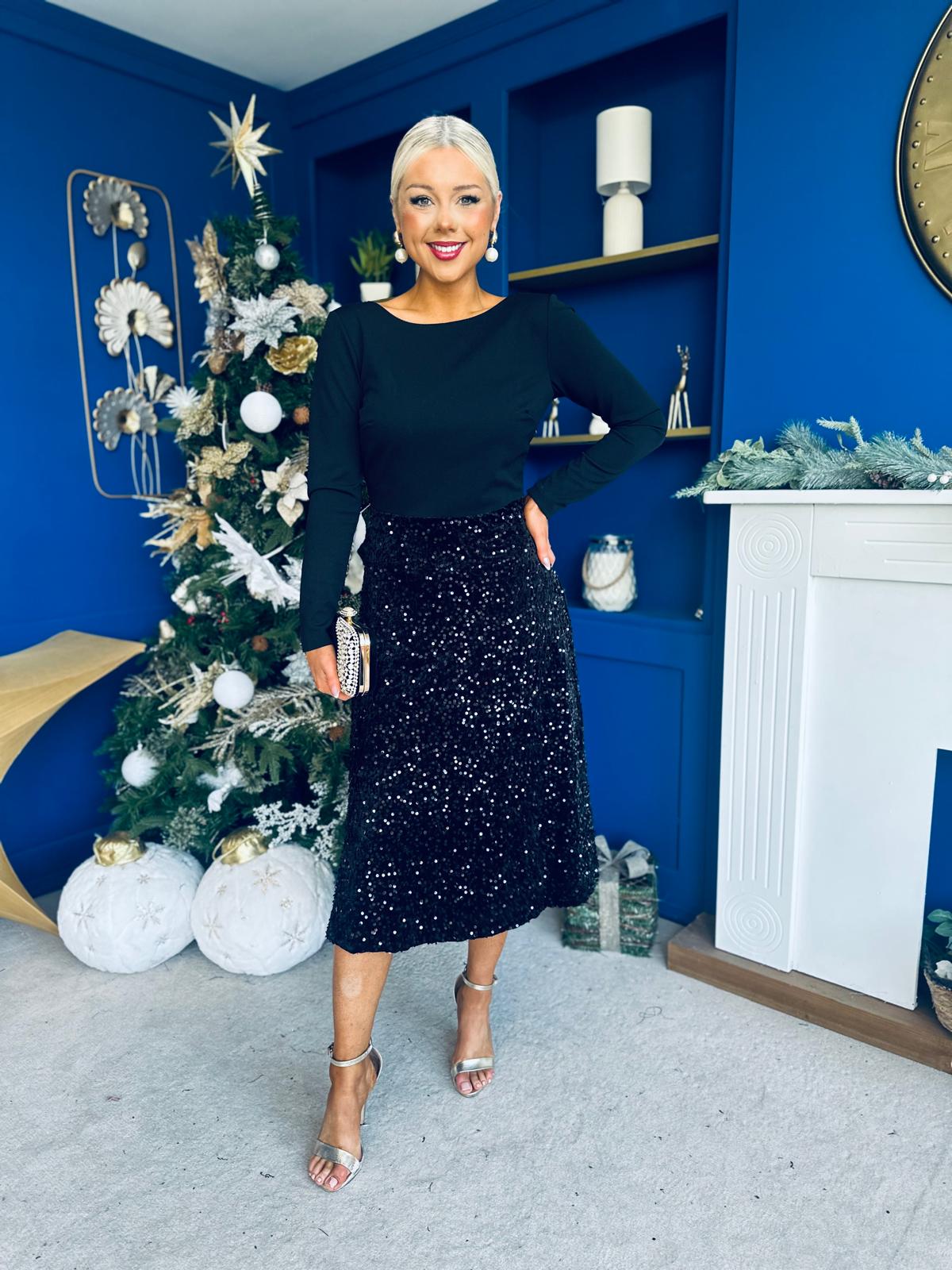 Estelle Sequin Skirt Occasion Dress Black