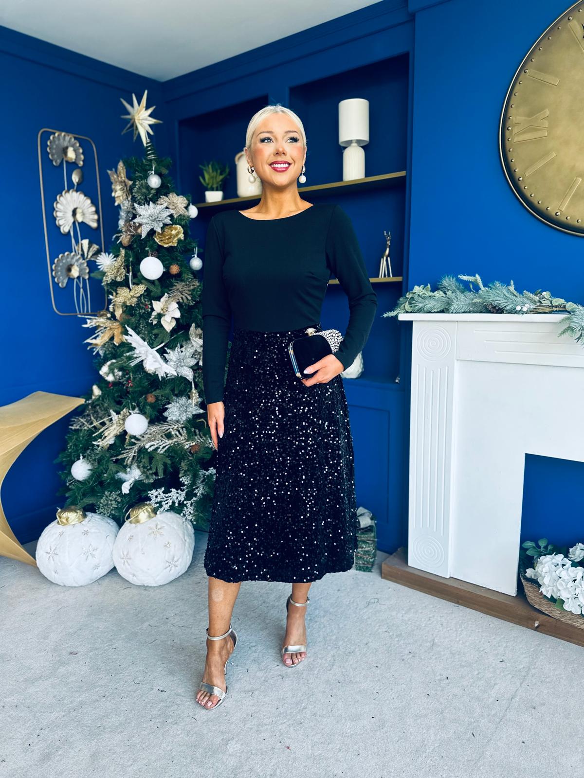 Estelle Sequin Skirt Occasion Dress Black