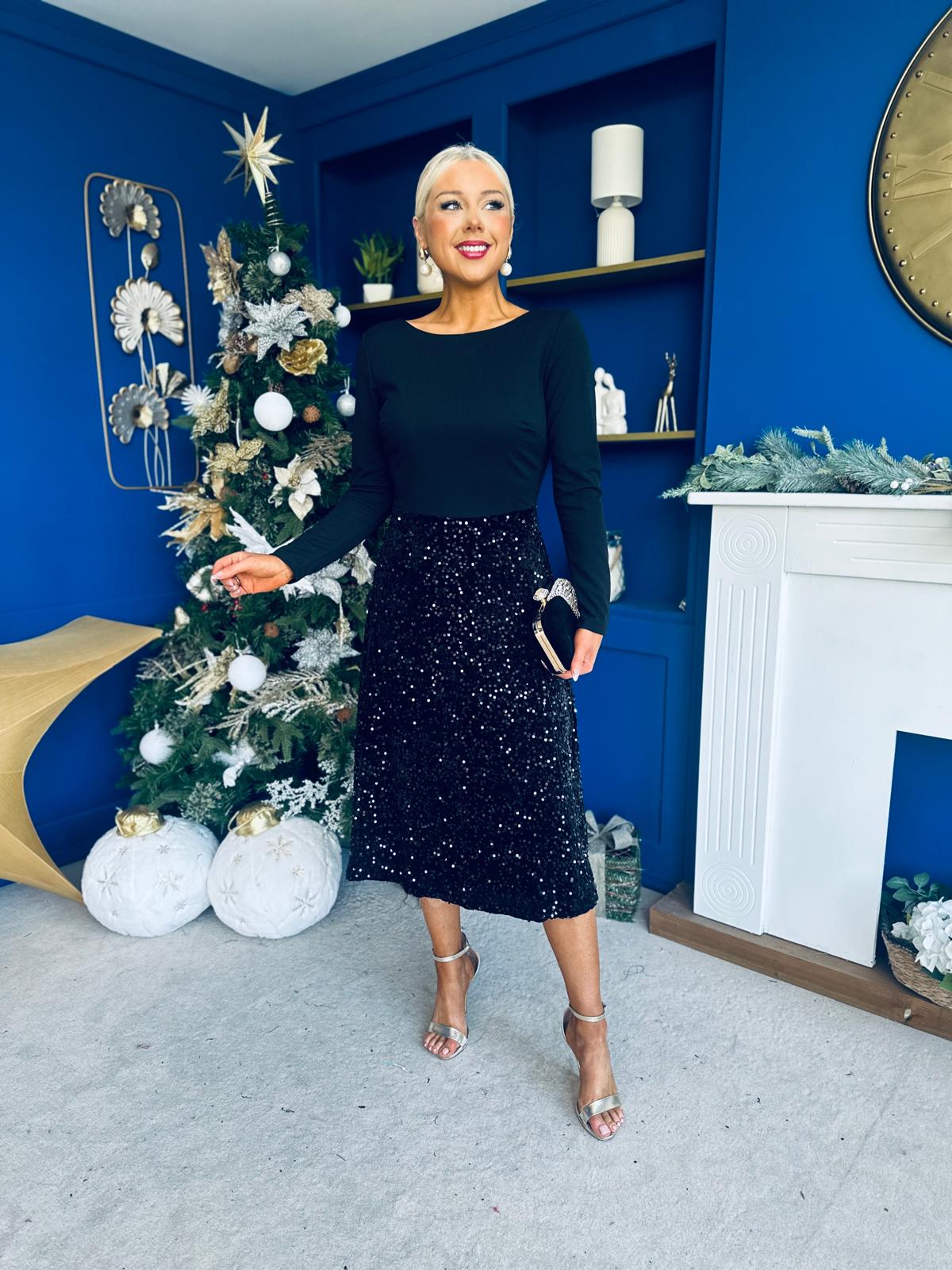 Estelle Sequin Skirt Occasion Dress Black