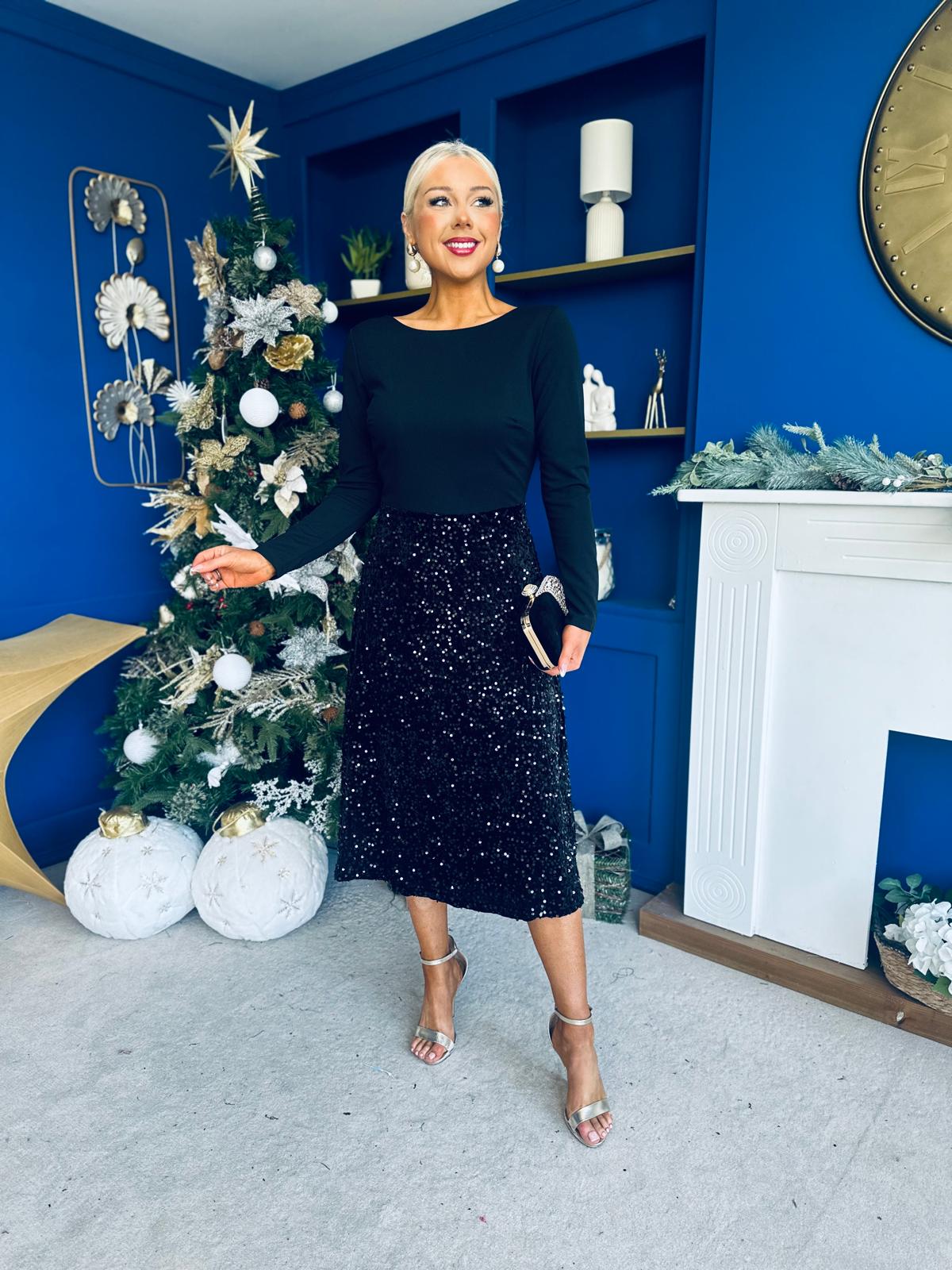 Estelle Sequin Skirt Occasion Dress Black