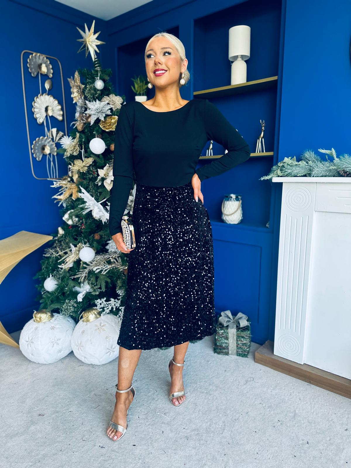 Estelle Sequin Skirt Occasion Dress Black