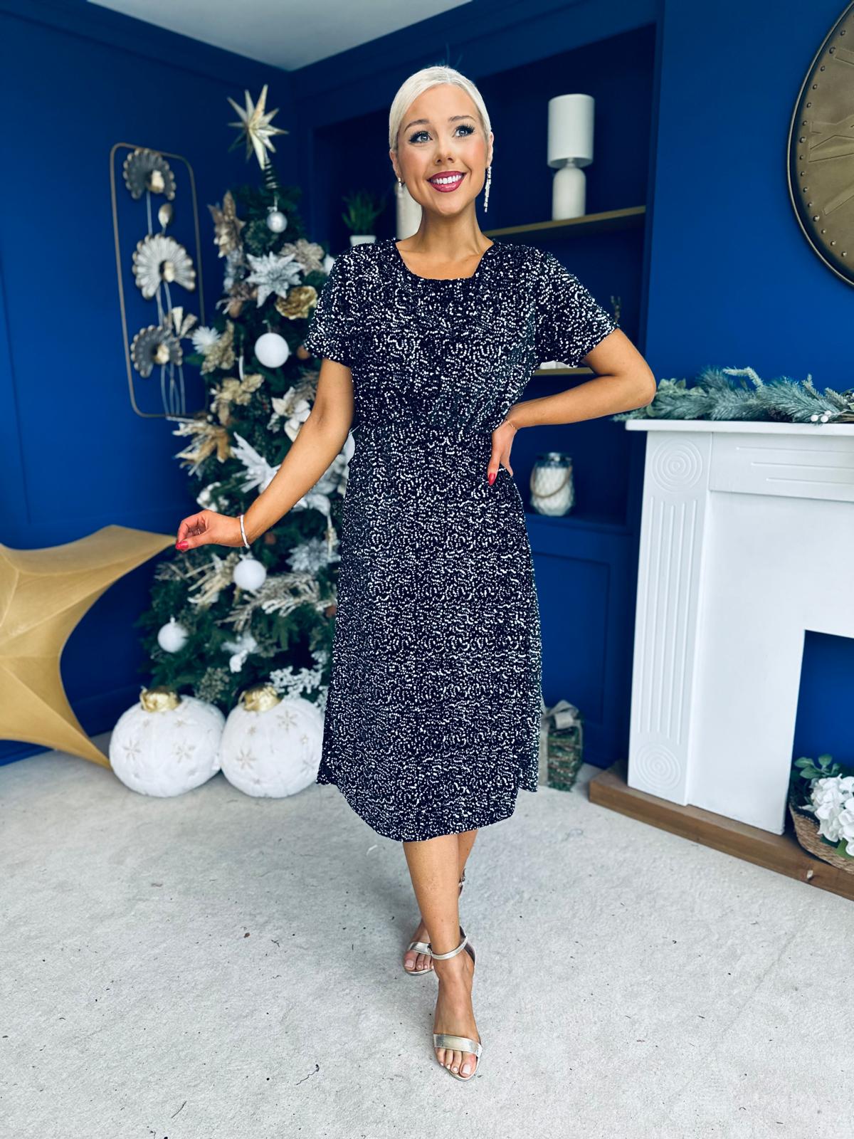 Janette Angel Sleeve Sequin Occasion Dress Black/Silver