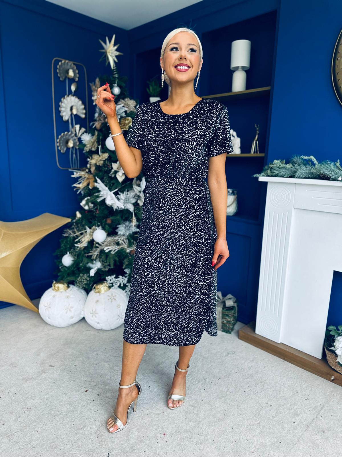 Janette Angel Sleeve Sequin Occasion Dress Black/Silver