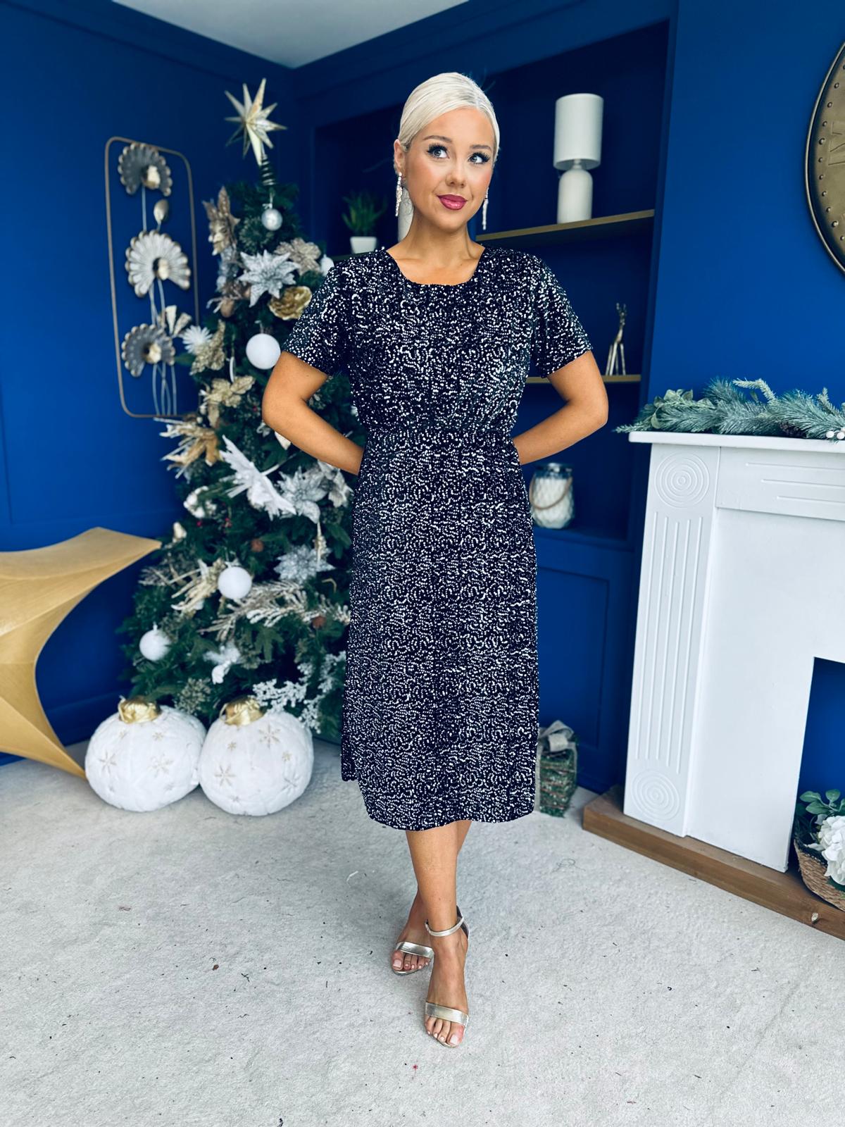 Janette Angel Sleeve Sequin Occasion Dress Black/Silver