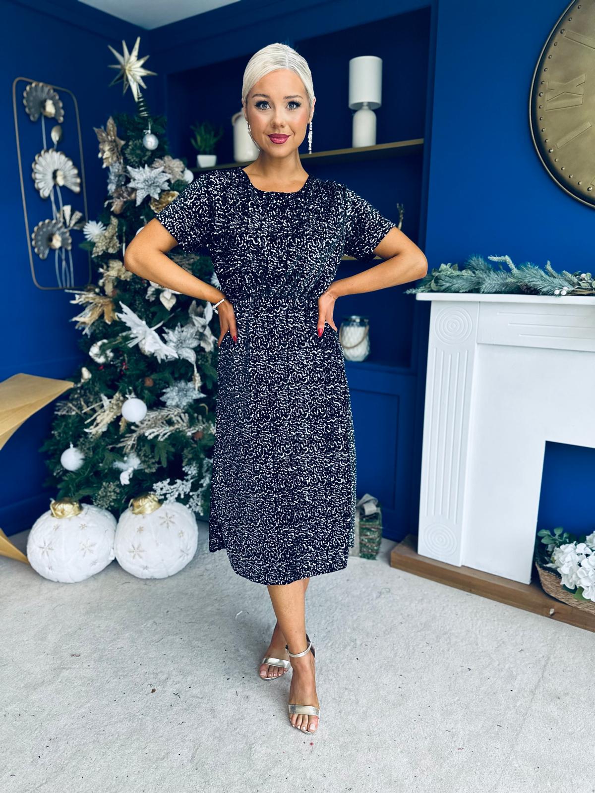 Janette Angel Sleeve Sequin Occasion Dress Black/Silver