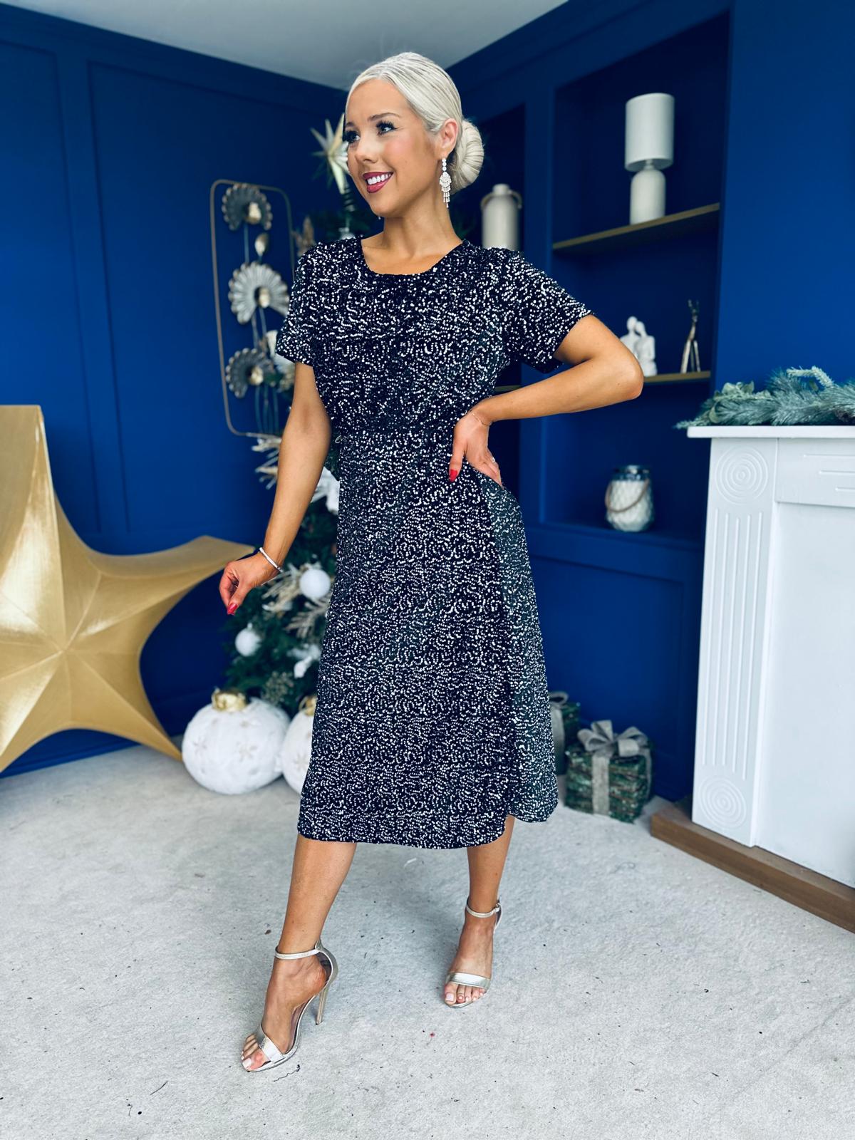 Janette Angel Sleeve Sequin Occasion Dress Black/Silver