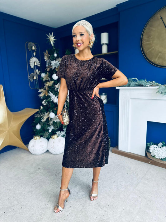 Janette Angel Sleeve Sequin Occasion Dress Coffee