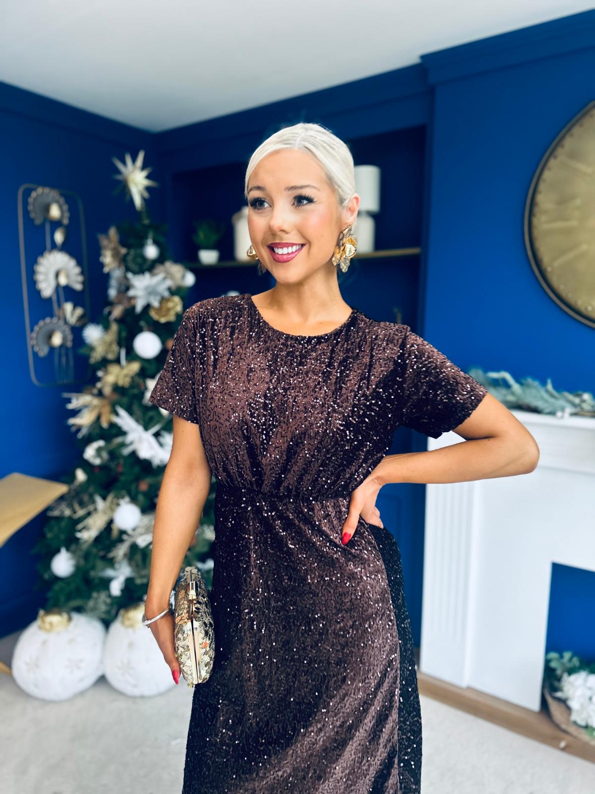 Janette Angel Sleeve Sequin Occasion Dress Coffee