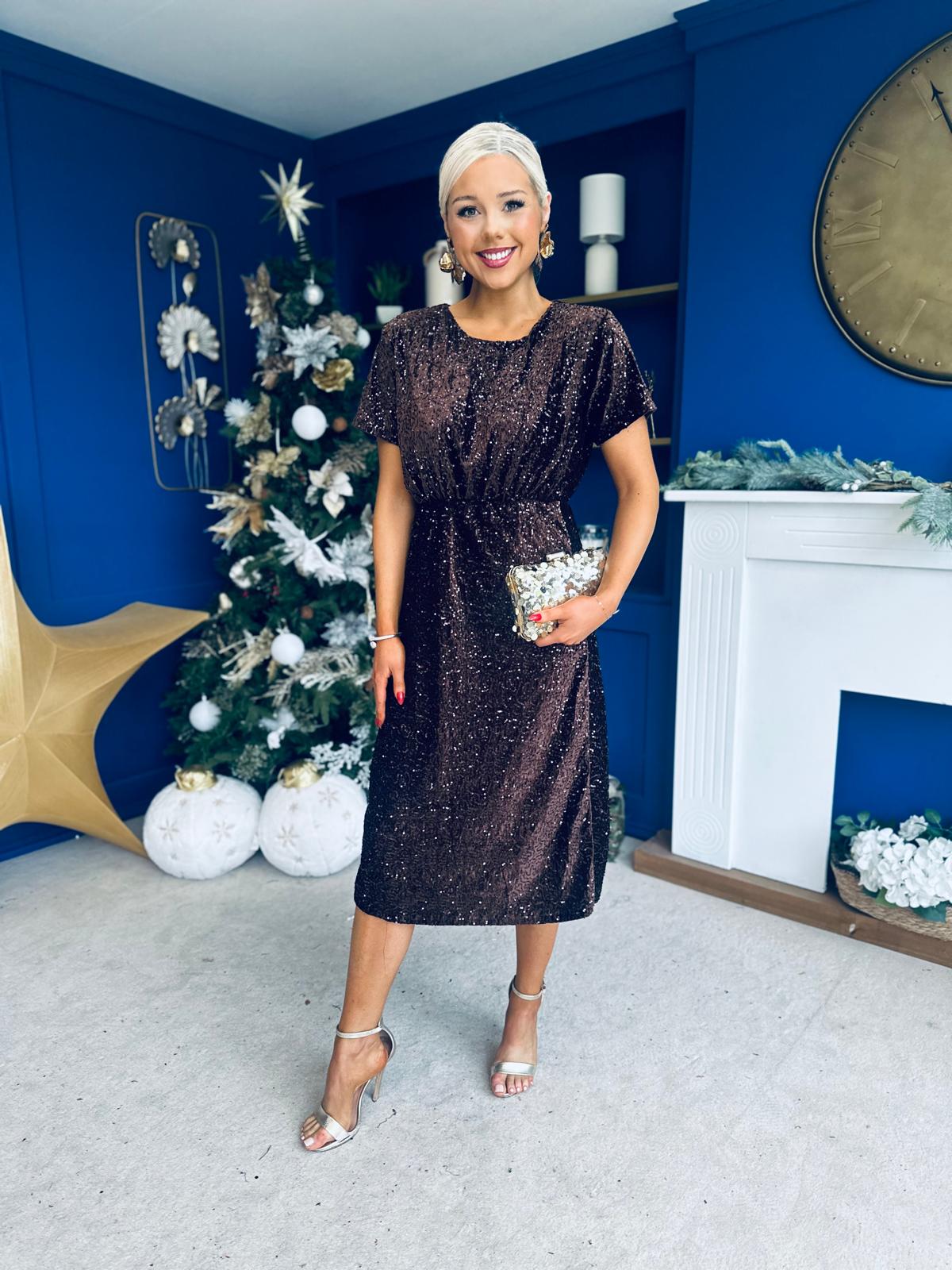 Janette Angel Sleeve Sequin Occasion Dress Coffee