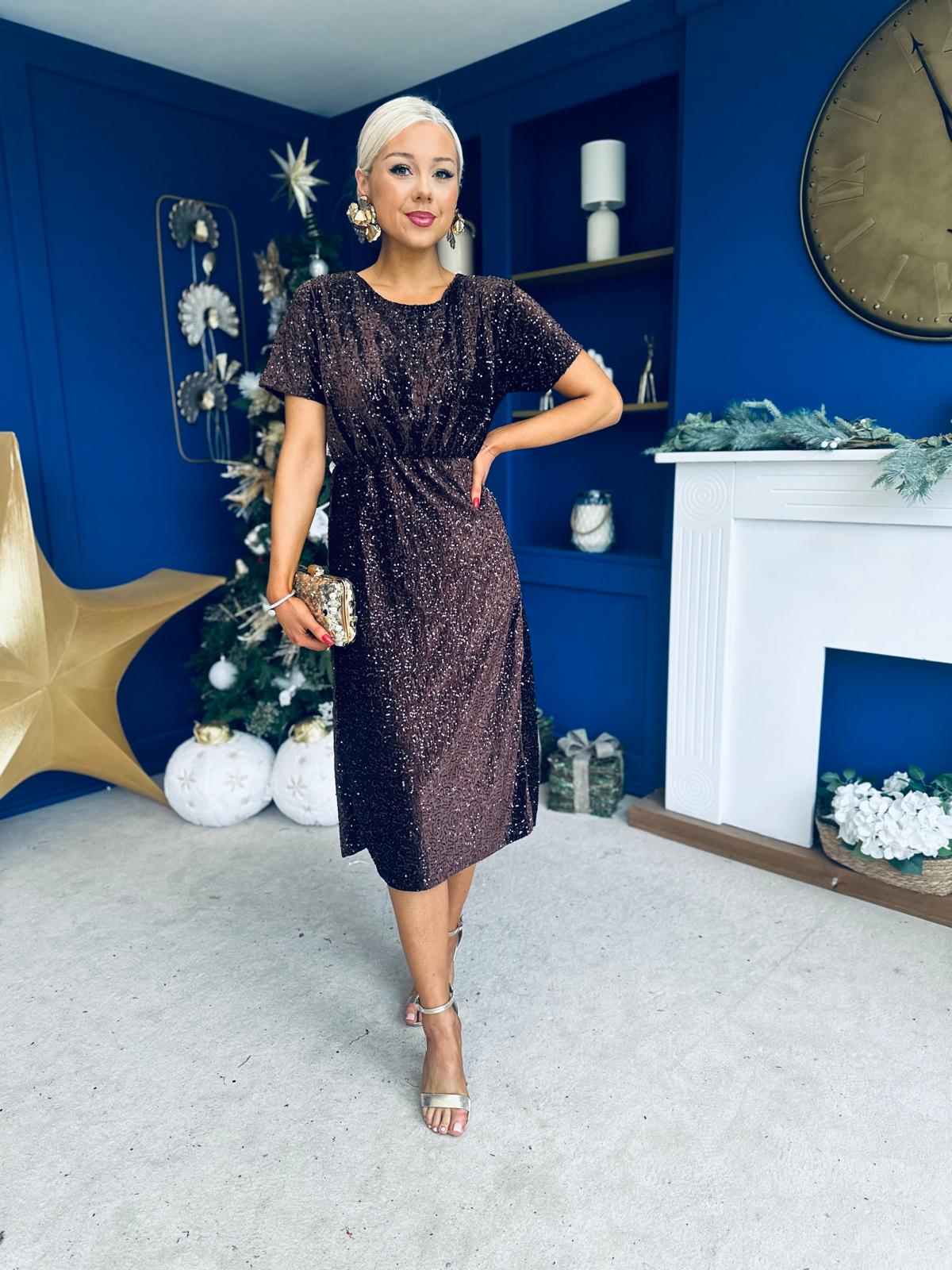 Janette Angel Sleeve Sequin Occasion Dress Coffee