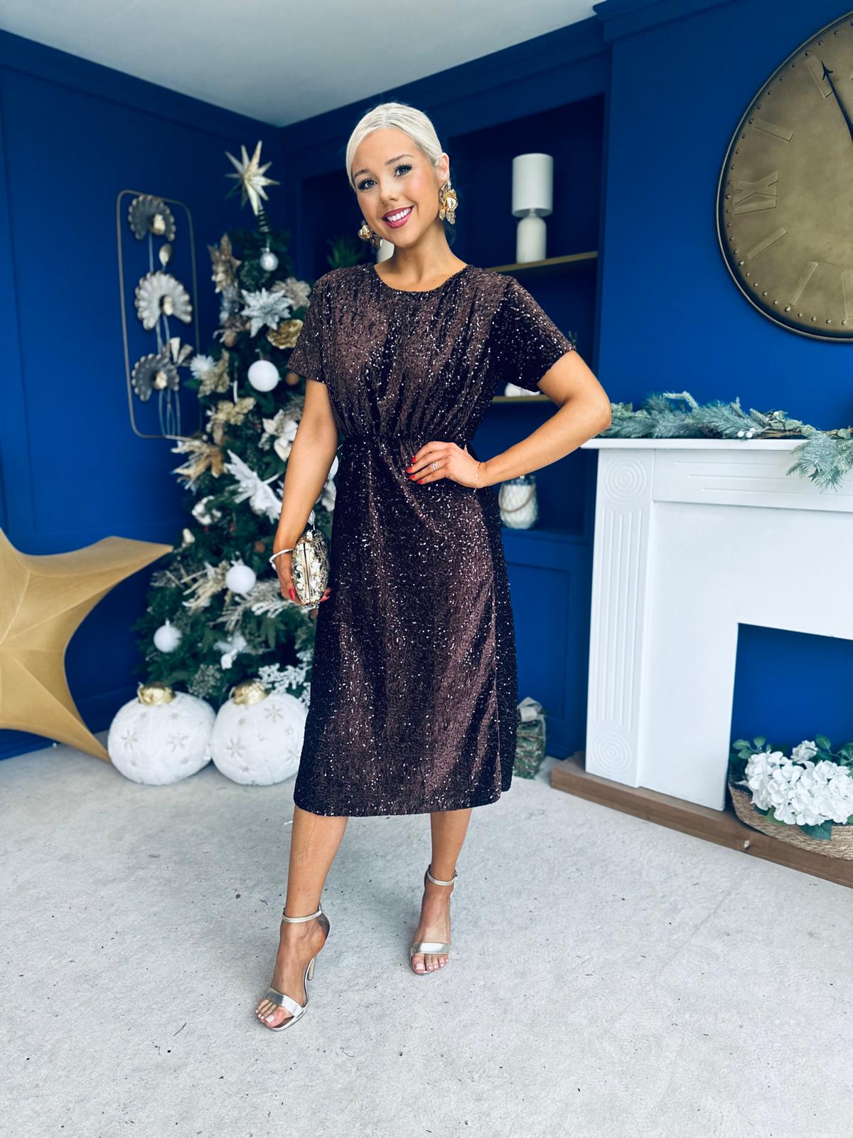 Janette Angel Sleeve Sequin Occasion Dress Coffee