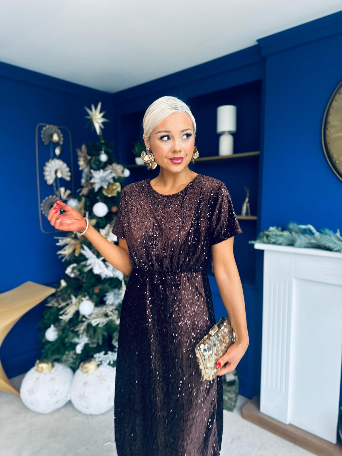 Janette Angel Sleeve Sequin Occasion Dress Coffee