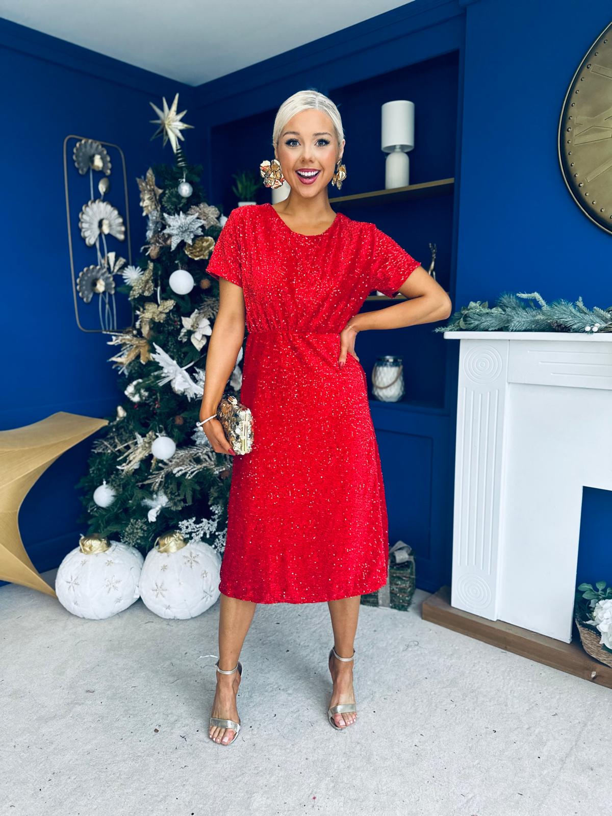 Janette Angel Sleeve Sequin Occasion Dress Red