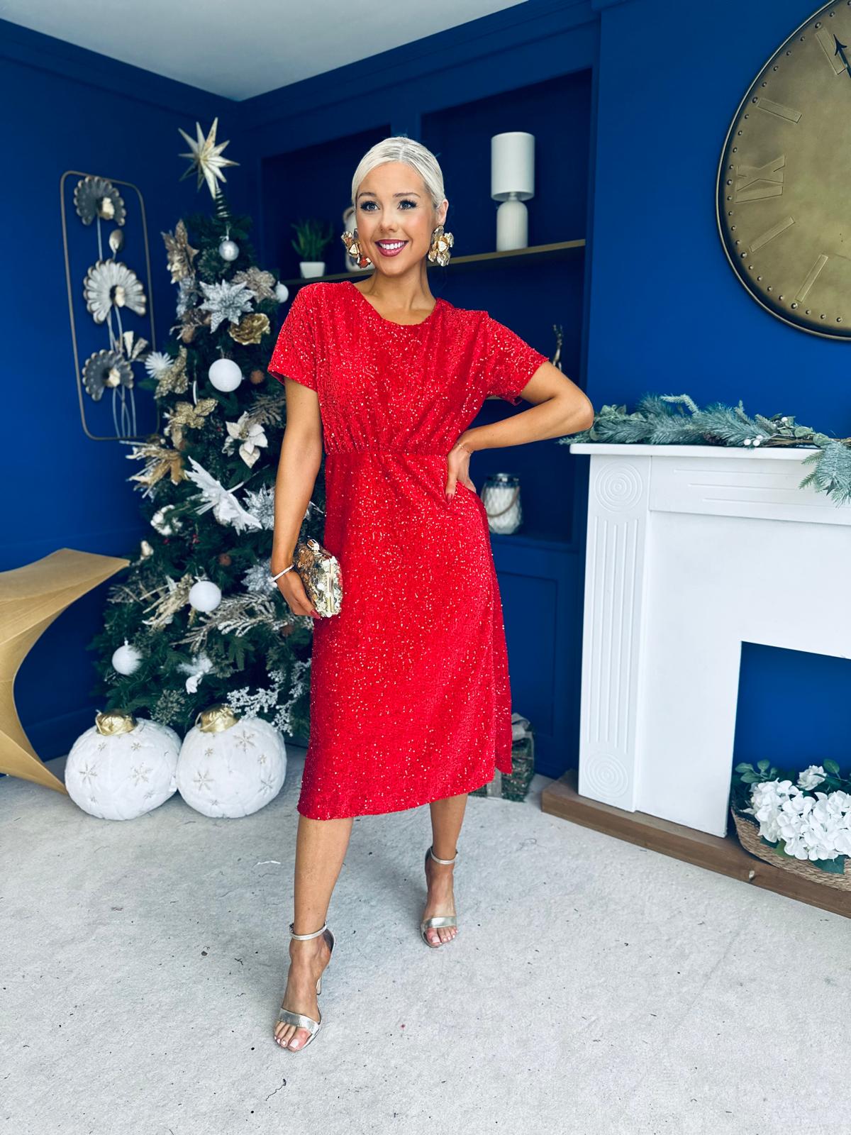 Janette Angel Sleeve Sequin Occasion Dress Red