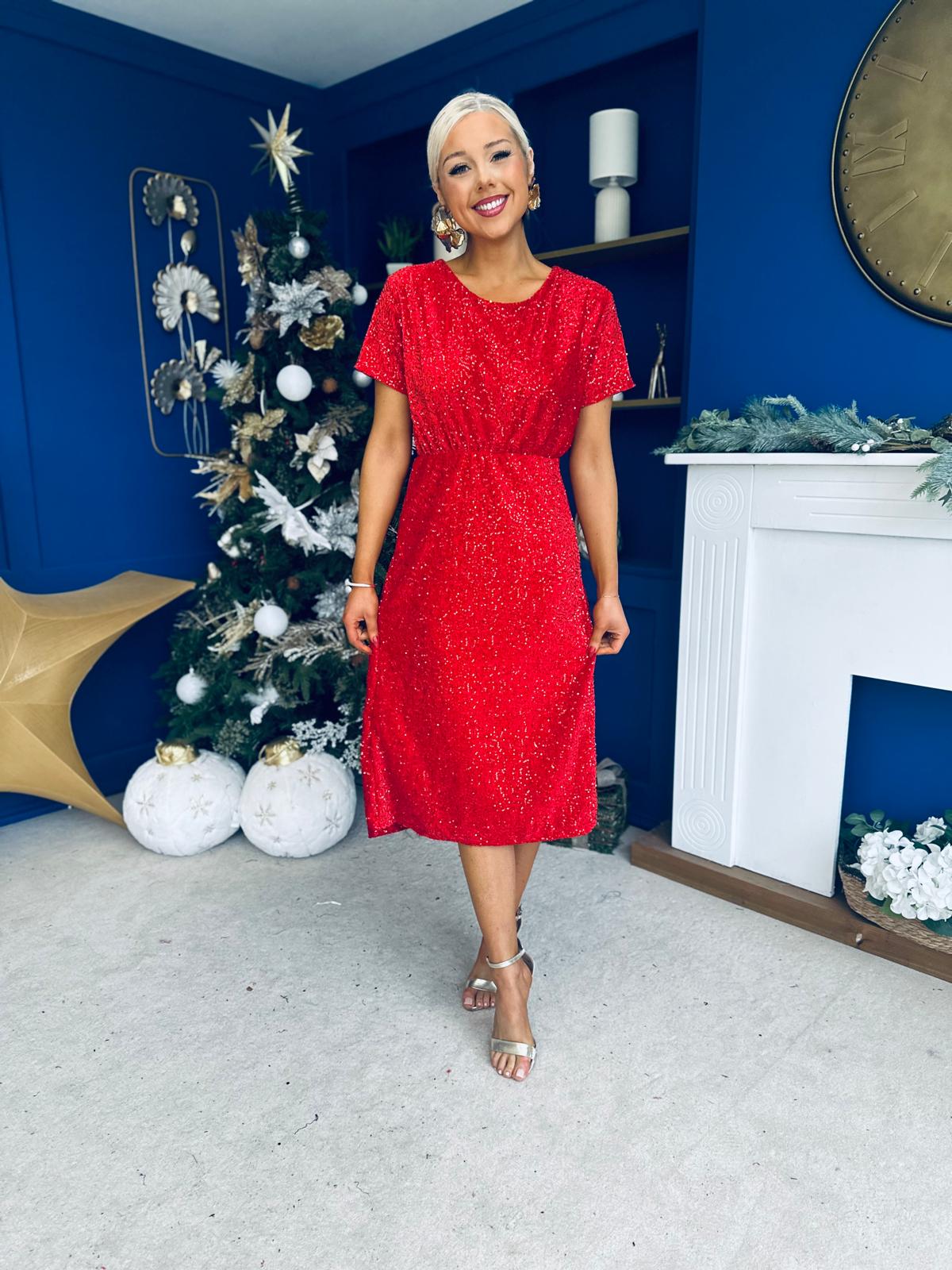 Janette Angel Sleeve Sequin Occasion Dress Red