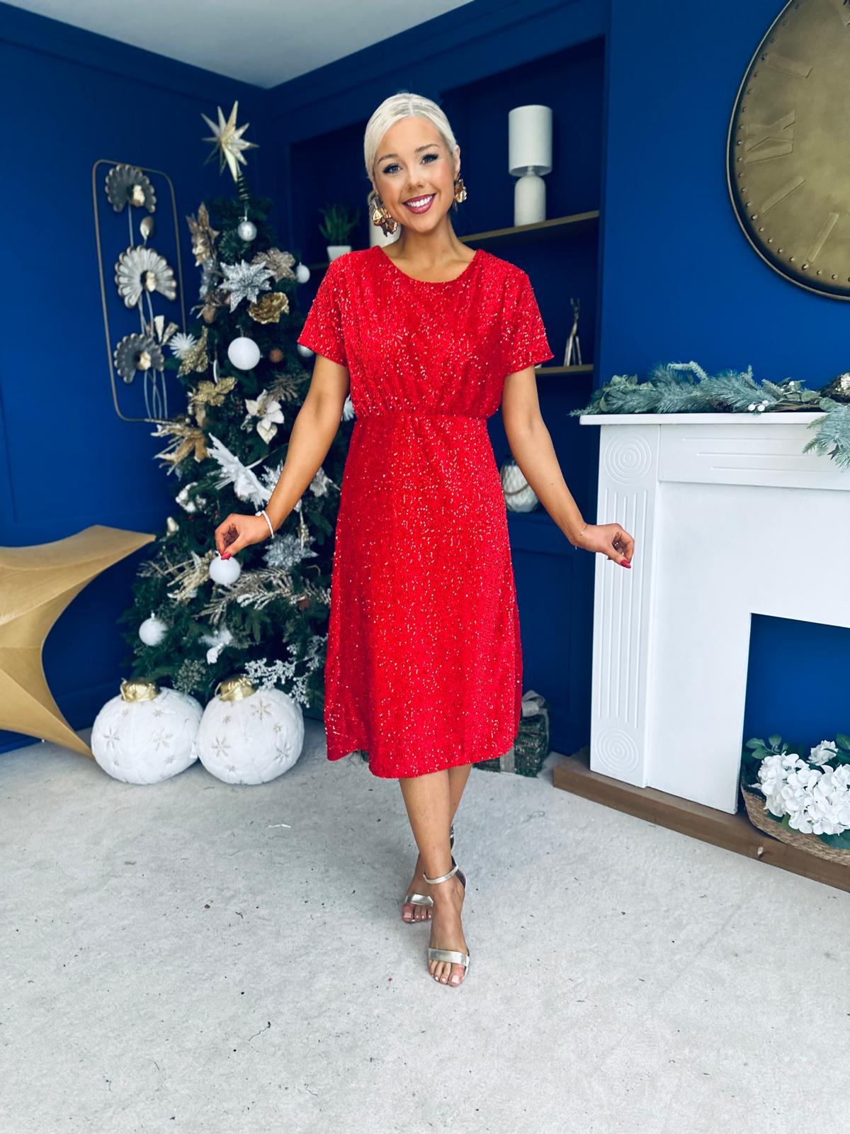 Janette Angel Sleeve Sequin Occasion Dress Red