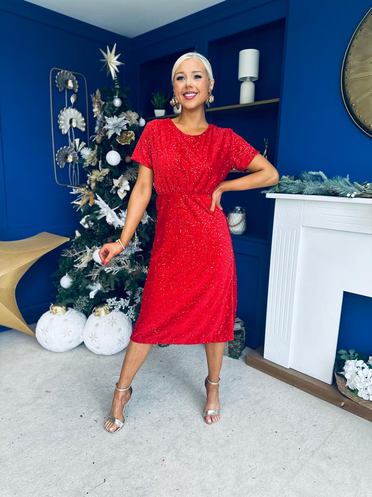 Janette Angel Sleeve Sequin Occasion Dress Red