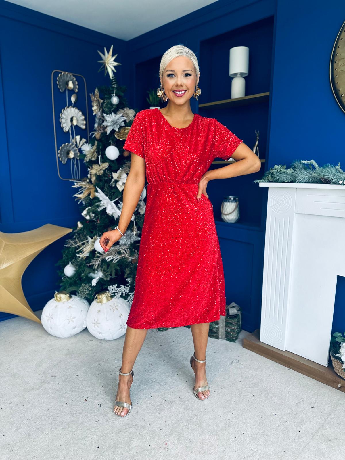 Janette Angel Sleeve Sequin Occasion Dress Red