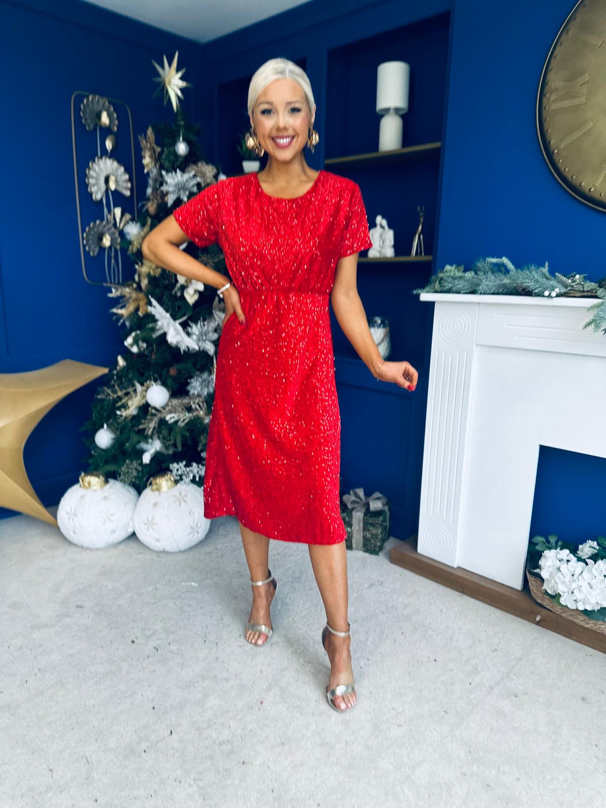 Janette Angel Sleeve Sequin Occasion Dress Red