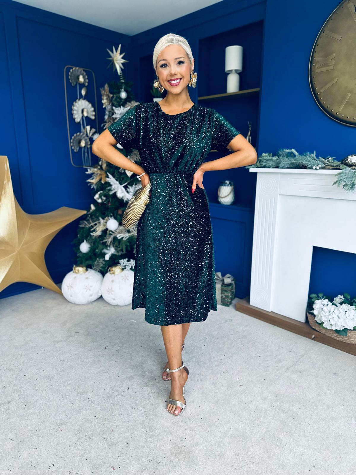 Janette Angel Sleeve Sequin Occasion Dress Forest