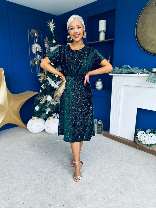 Janette Angel Sleeve Sequin Occasion Dress Forest