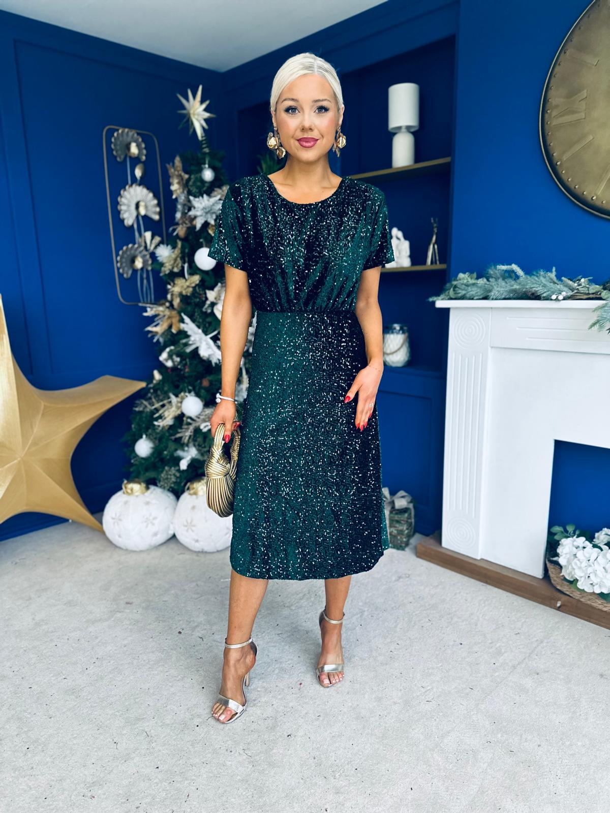 Janette Angel Sleeve Sequin Occasion Dress Forest