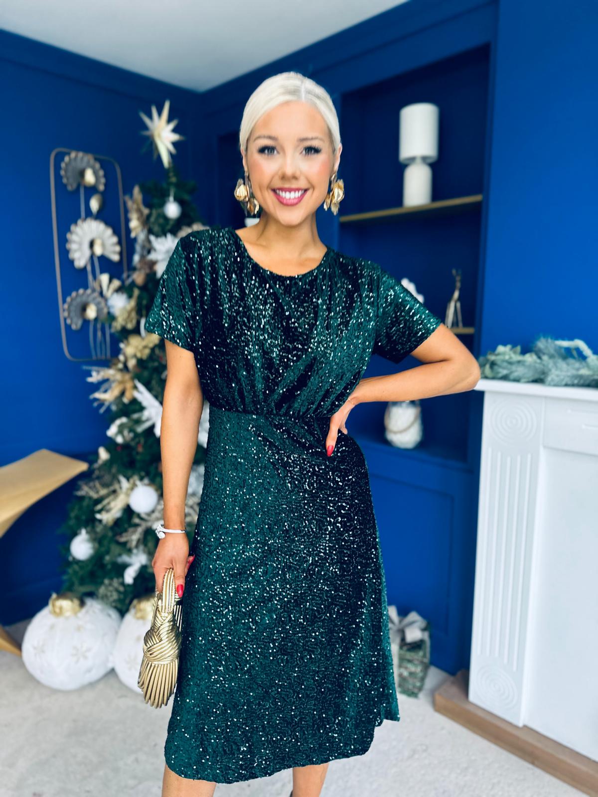 Janette Angel Sleeve Sequin Occasion Dress Forest