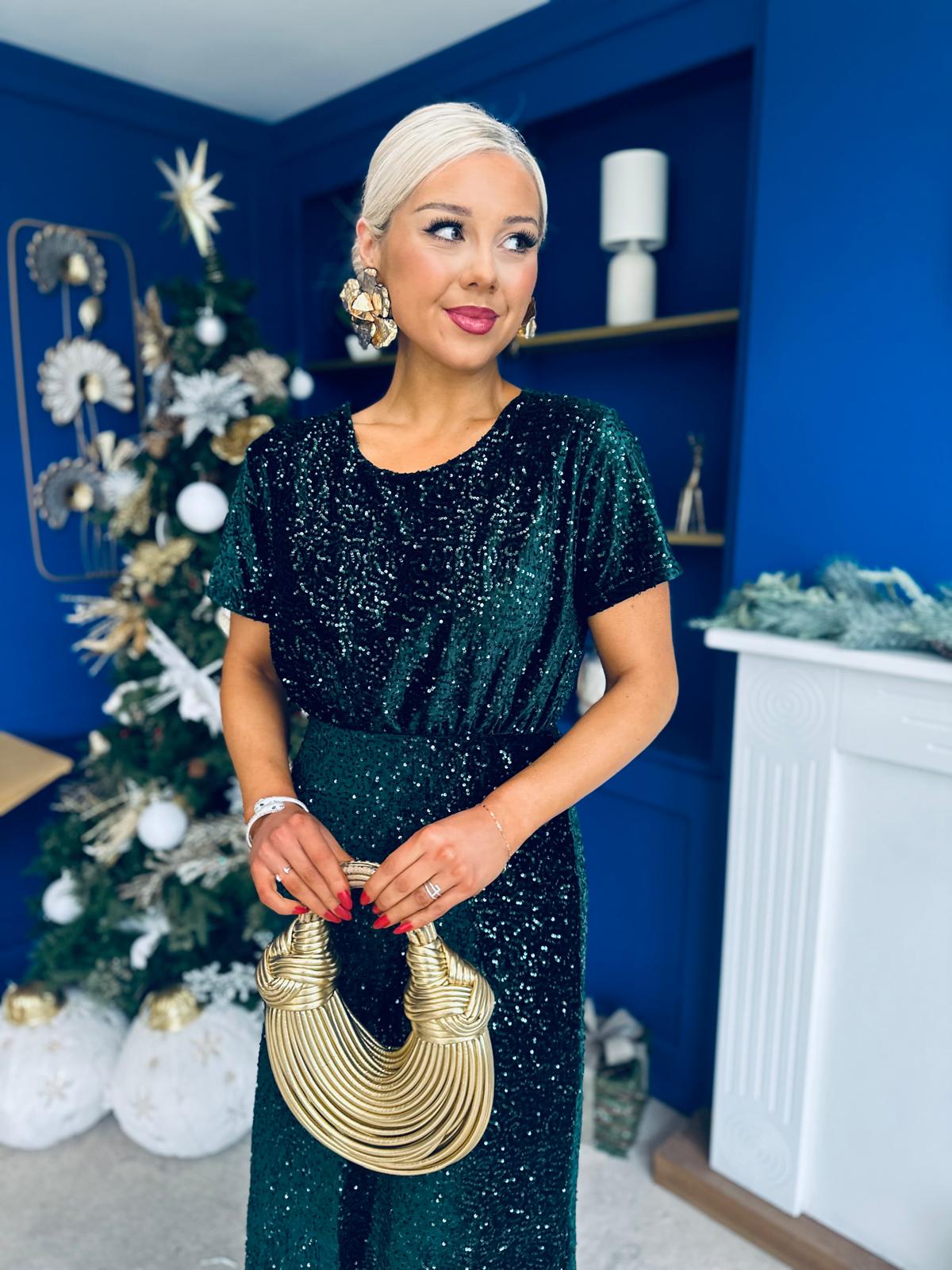 Janette Angel Sleeve Sequin Occasion Dress Forest