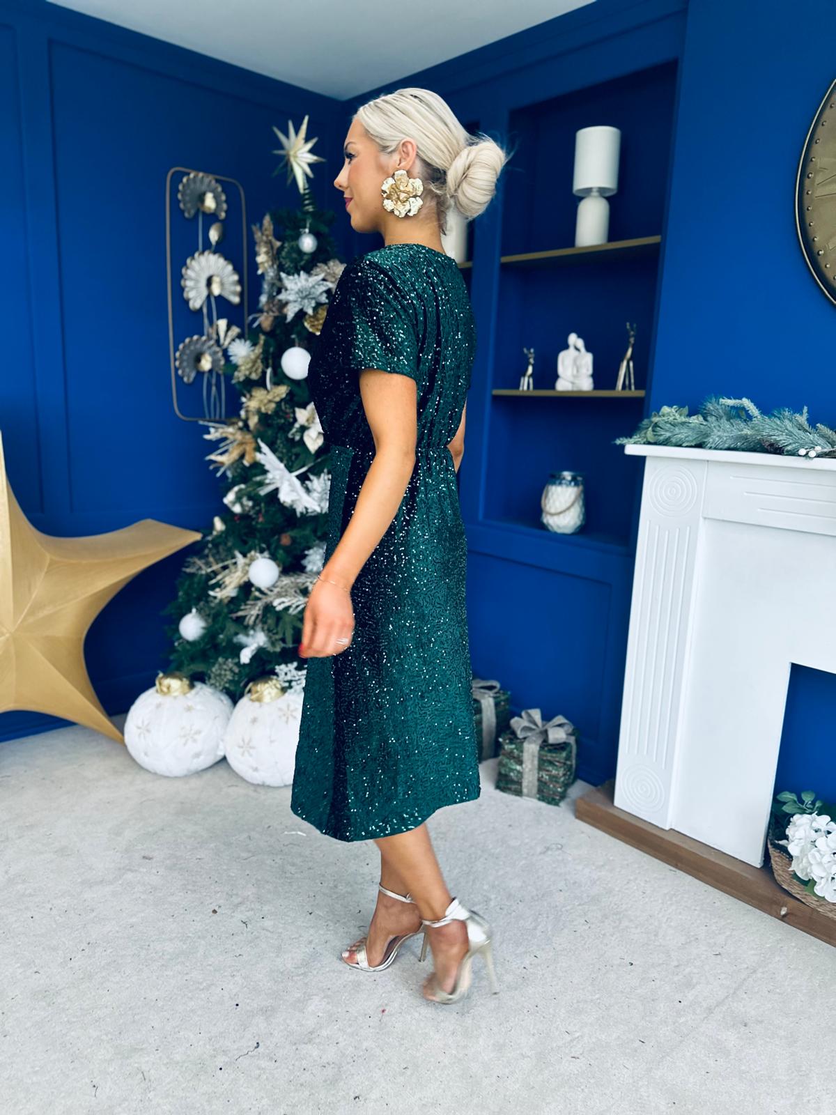 Janette Angel Sleeve Sequin Occasion Dress Forest